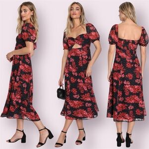 Lulus Red Black Floral Midi Puff Sleeve Dress Dark Romantic Cocktail Sheer L